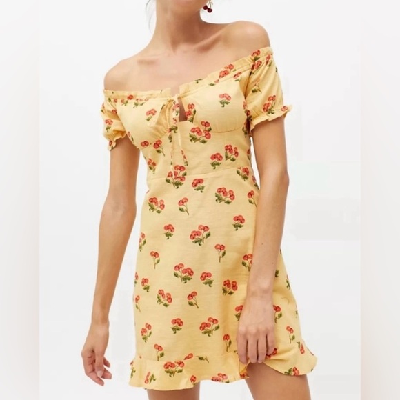 Urban Outfitters Magpie Yellow Cherry Off The Shoulder Cotton Mini Dress - Picture 1 of 12